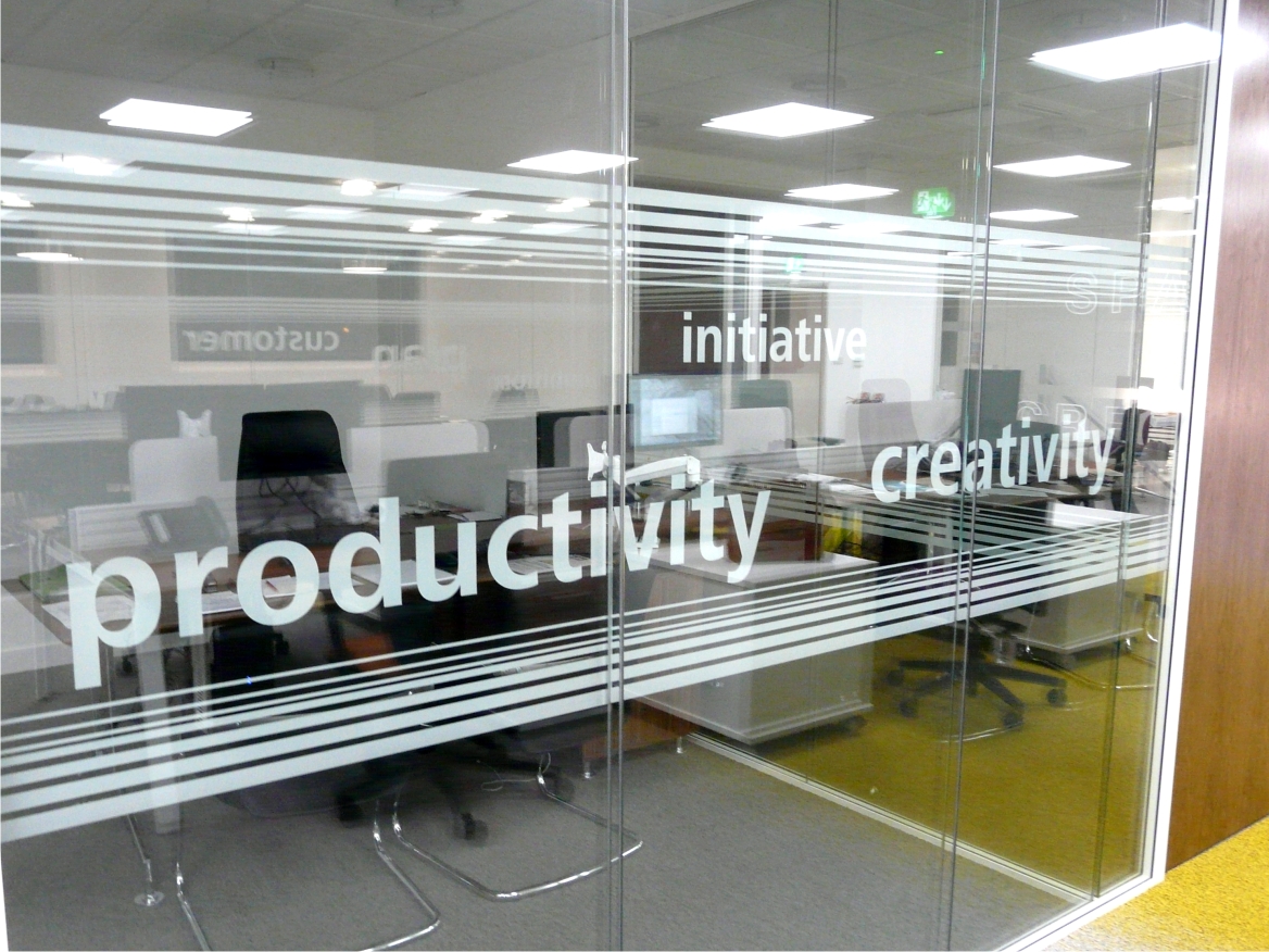 Glass partitions with vinyl graphics