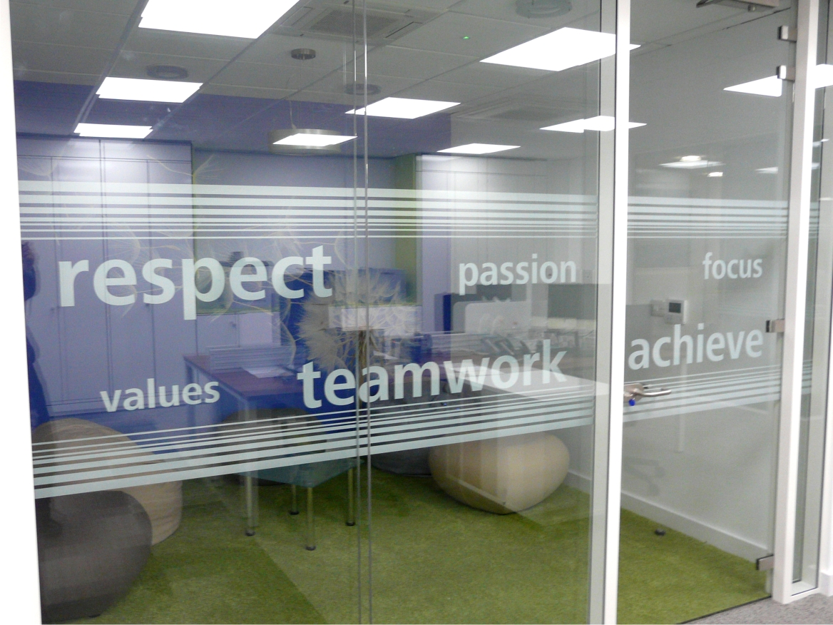 Glass partitions with vinyl graphics