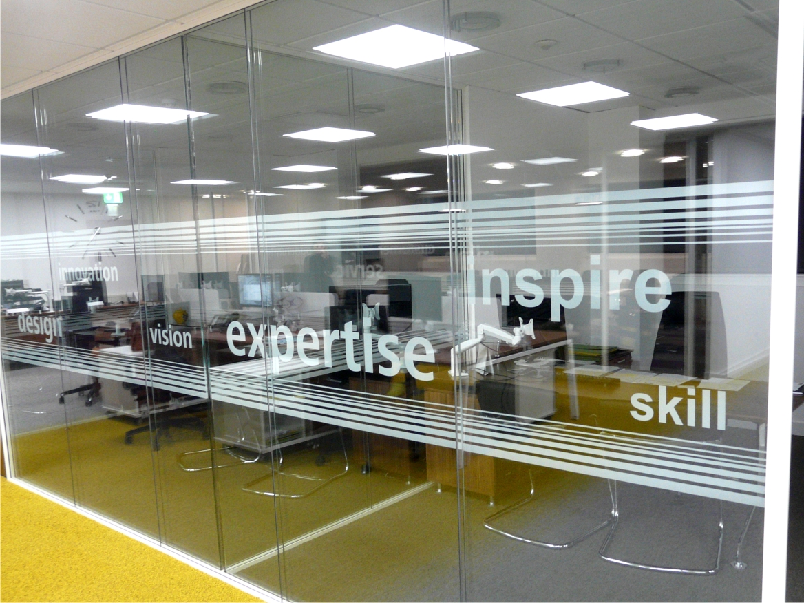 Glass partitions with vinyl graphics