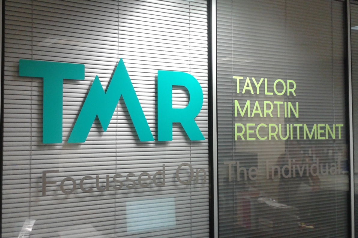 TMR recruitment vinyl logo to internal glass partitions